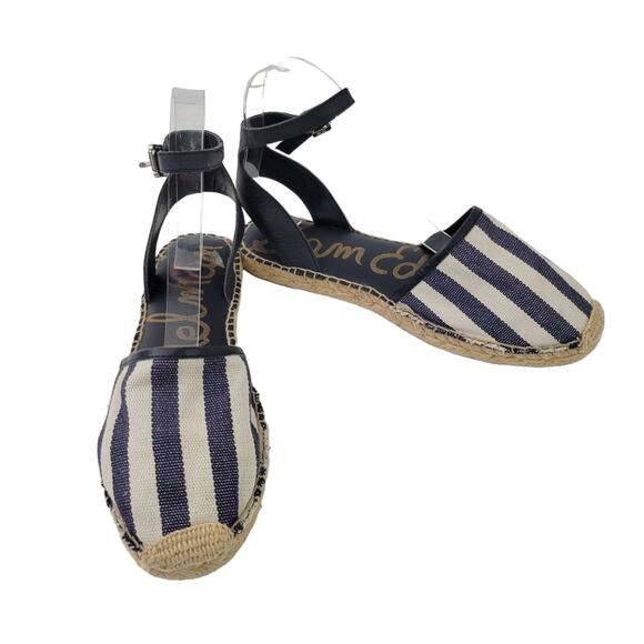 Sam Edelman Vivian Closed Toe Espadrille Size 8.5 Blue Cream Stripe Ankle Strap - Picture 1 of 5